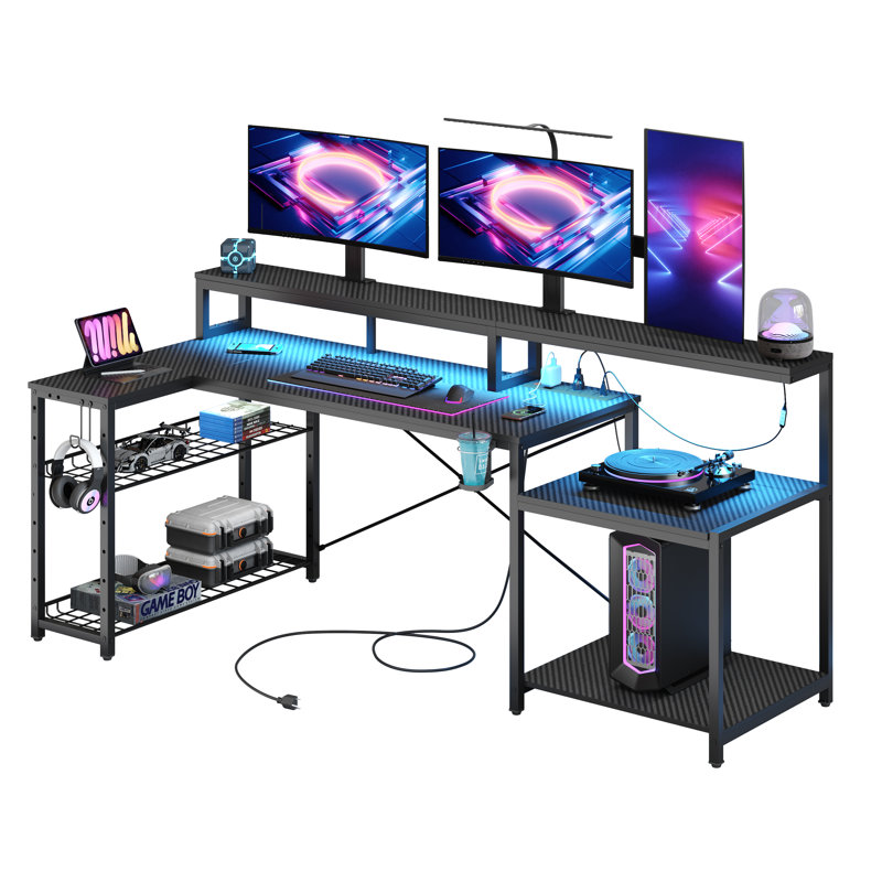 Monike 71.5" W LED Gaming Desk with Power Outlet, L-Shaped Computer Desk with Monitor Stand, Black