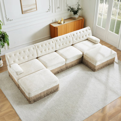 4-Seater With 2 Ottomans Cloud Modular Sectional,Tassel Skirt,Button Tufted Design,High-Density High Resilience Foam,Ergonomic Design,Premium Wooden Base,For Living Rooms Bedroom