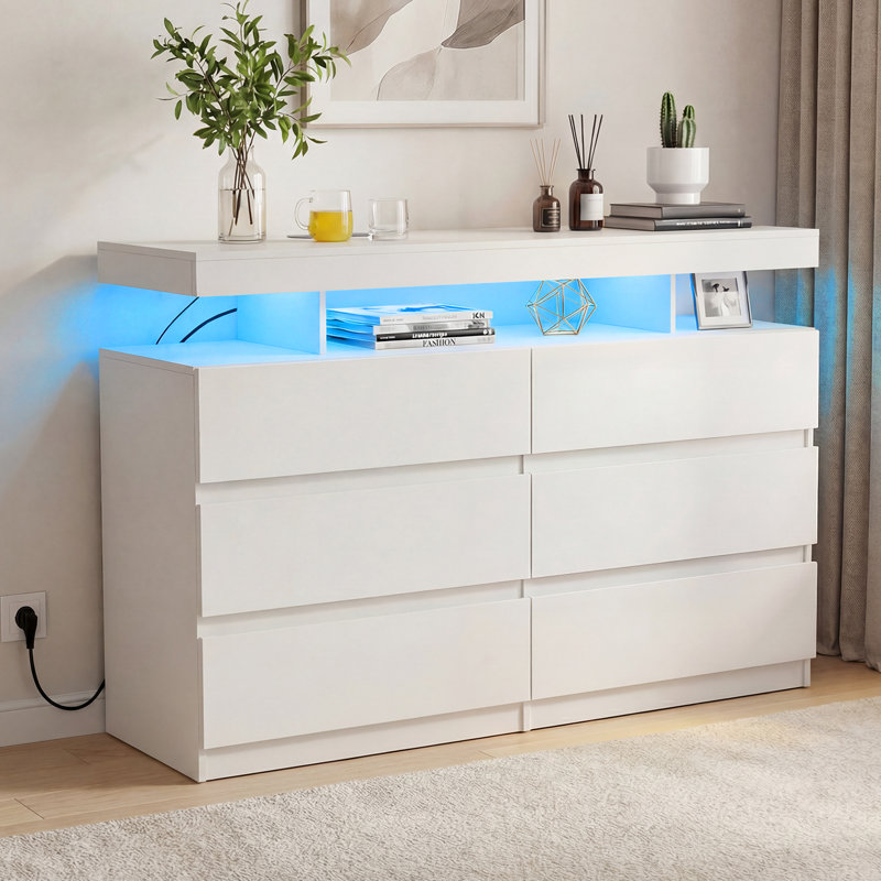 6 Drawer 47'' W Dresser With Power Outlet And APP Controlled LED Light, White