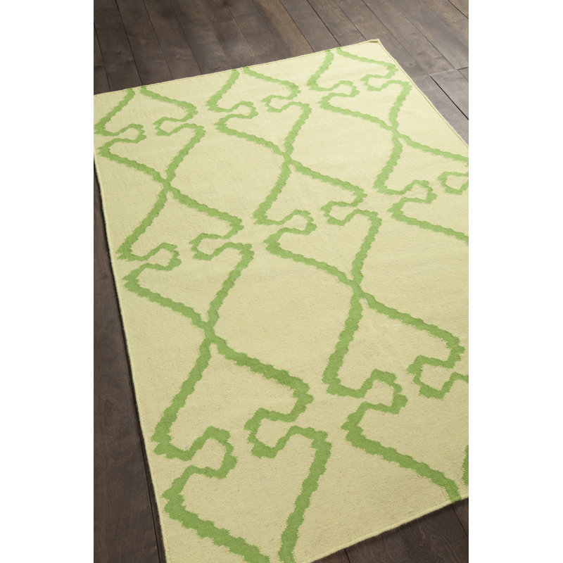 Corwin Authentic Flatwoven Handmade Light Green & Cream Reversible Modern Ikat Ogee Trellis Wool & Cotton Area Rug