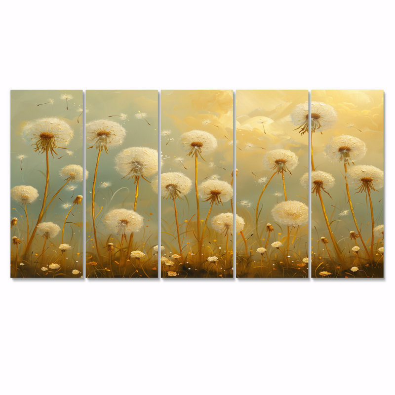 «Beige Blue Spring Dandelion Collage II», ensemble d'art sur toile pissenlit, H 28 po x l 60 po
