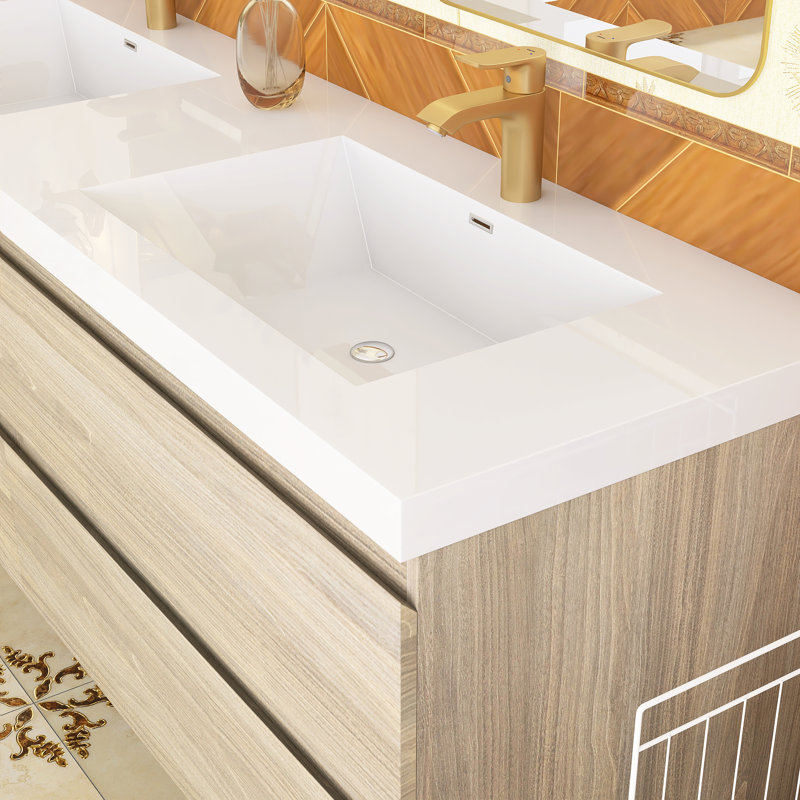 Meuble-lavabo mural double de 70,9 po avec comptoir en résine de pierre, Gris