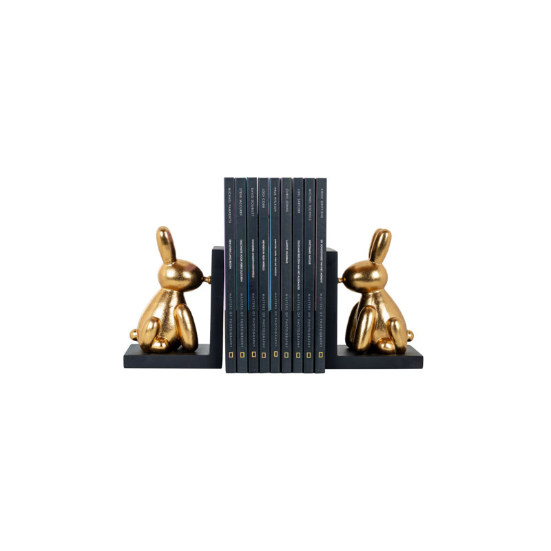 Gold Resin Bunny Bookends with Black Base, Set of 2
