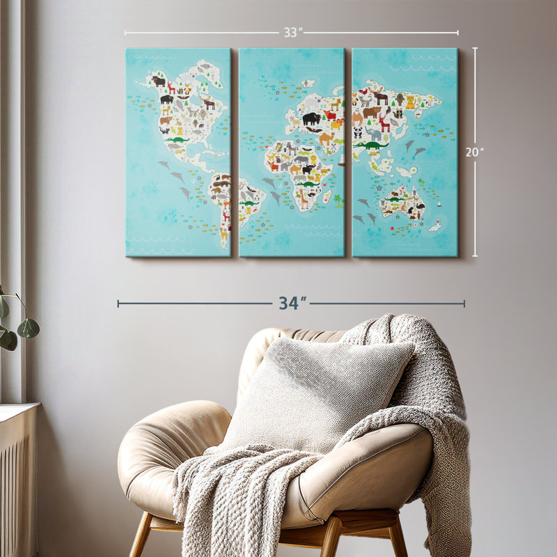 "Mignon animaux, carte du monde, art mural" sur toile, H 20 po x l 33 po x P 1,25 po