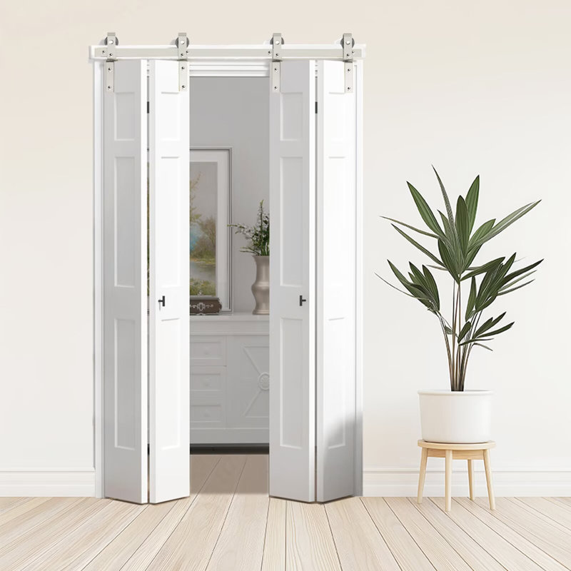 Ensemble de quincaillerie de porte de grange pliable en métal nickelé ATT, longueur de rail pour quatre portes (panneau de porte non inclus)