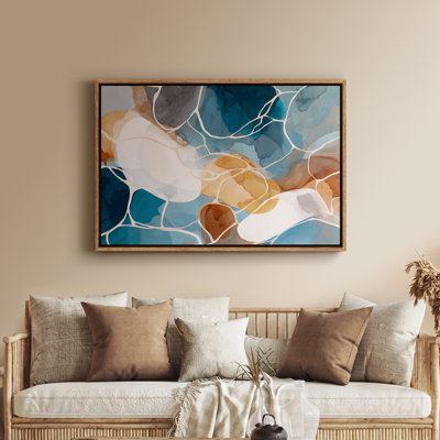 Art mural encadré, formes abstraites bleues et brunes fluides - 16 po x 24 po, 24 po x 36 po