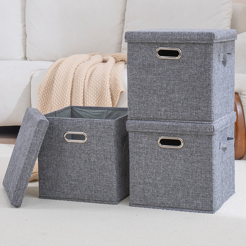 Foldable Fabric Cube Storage Box with Lid, Stackable and Sturdy, Gray