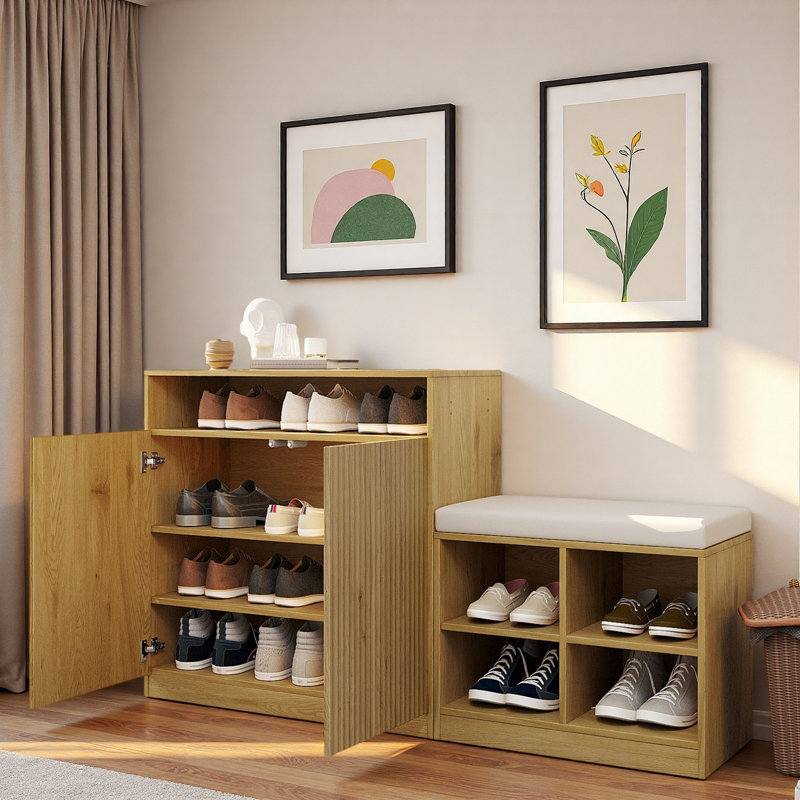 Élégante armoire à chaussures avec 2 portes, 3 tablettes réglables à 3 niveaux, un espace ouvert, des crochets, un banc à chaussures avec 4 étagères à chaussures ouvertes et un coussin amovible