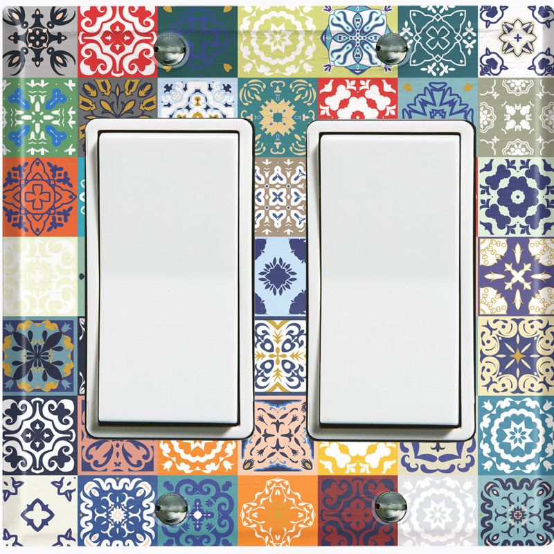 Metal Light Switch Plate Outlet Cover (Vintage Colourful White Elegant Square Pattern Picnic - Single Toggle)