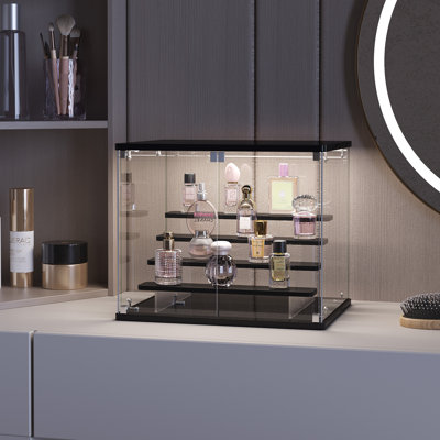Vitrine en verre avec lumières RVB à intensité variable, tablettes à 4 niveaux