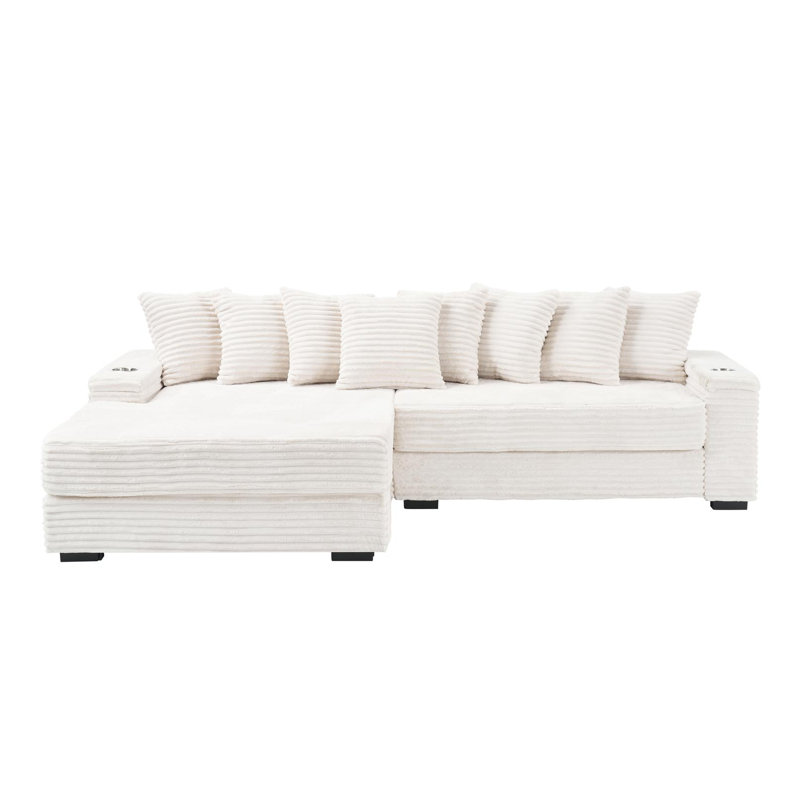 111.4" Sectional with Cupholder, Beige Corduroy