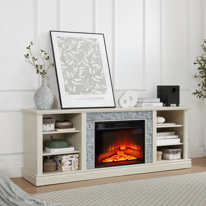 Tablette de 23 po avec insert pour téléviseur avec suffisamment d'options de rangement, blanc, pouvant accueillir jusqu'à 75 po de télévision, centre média blanc en faux pierre et beaucoup d'espace