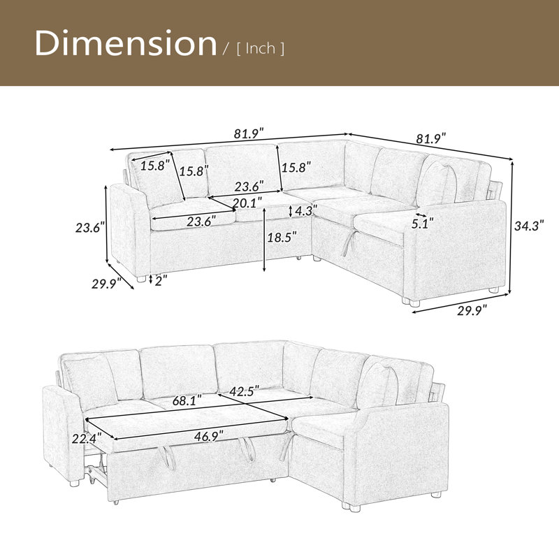 Canapé-lit modulaire en forme de L Canapé modulaire rembourré en L de 81,9 po avec canapé-lit et compartiment de rangement dissimulé pour le salon