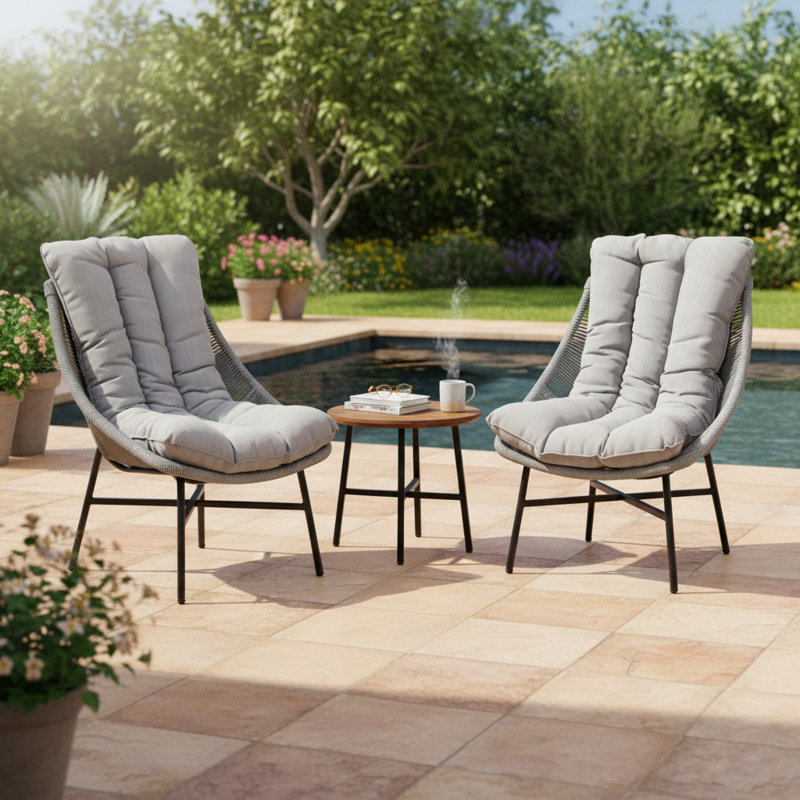 3 Piece Patio Conversation Set With Cushions – Boho Rope Chairs Thick Cushion And Round Wood Top Side Table, Seating Sofa For Garden/backyard/porch Light Gray