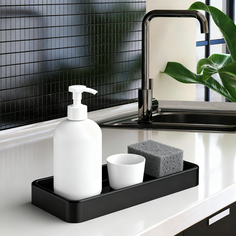 Petit plateau de meuble-lavabo rectangulaire en céramique pour salle de bain, organisateur de comptoir pour savon et cosmétiques, paquet de 1 (noir)
