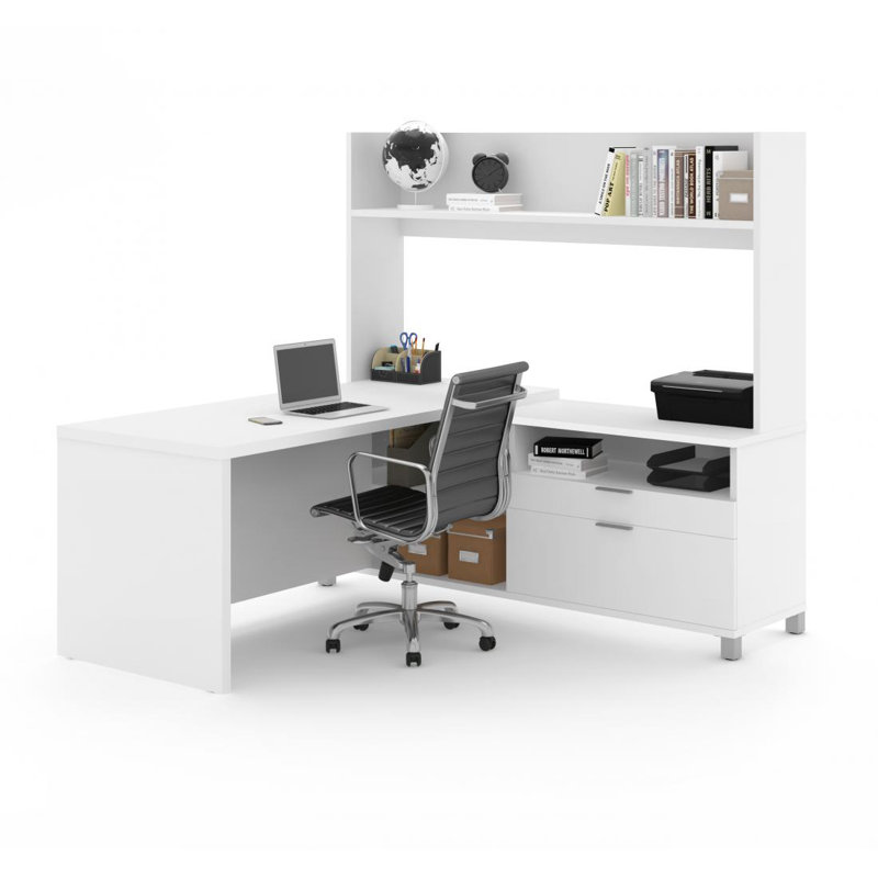 Operle Reversible L-Shaped Desk with Single Shelf Hutch, 72W, White