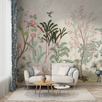 Chinoiserie Blossom Tree and Peacock Wall Mural | Beige Botanical Garden Wallpaper | Non-Woven or Peel and Stick