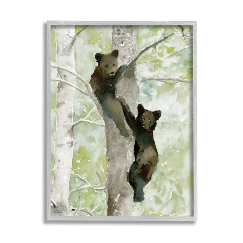" Bear Cubs Climbing Tree Nature ", 20" H x 16" W x 1.5" D, Farmhouse Gray Framed Giclee