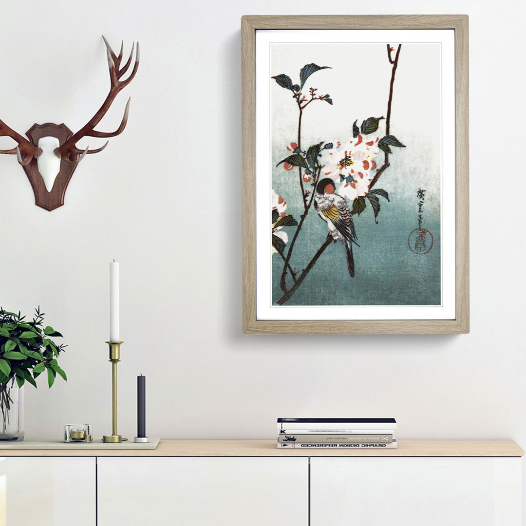 A Bird upon a Cherry Branch by Utagawa Hiroshige - Framed Print