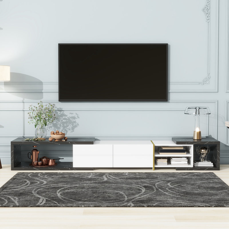 Meuble télé extensible de 51 à 98,4 po pour téléviseur de 100 po ou moins, avec 2 tiroirs et 4 tablettes, Noir / blanc