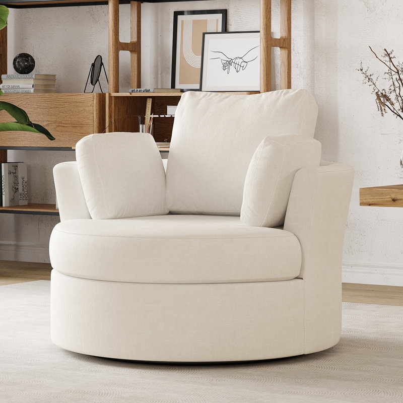 42.1" Wide Slipcovered Swivel Barrel Chair, Beige