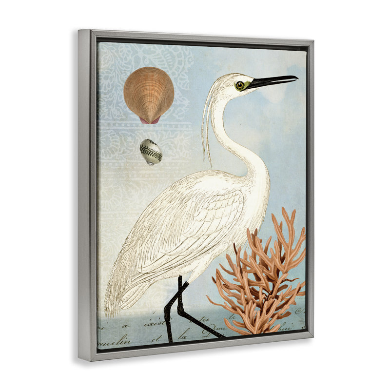 Art mural sur toile flottante "Aigrette maritime et corail" par Susan Arnot, Gris, H 21 po x l 17 po