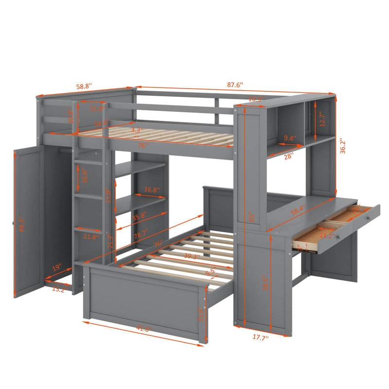Lit mezzanine double avec lit autonome, tablettes, bureau et garde-robe, Gris