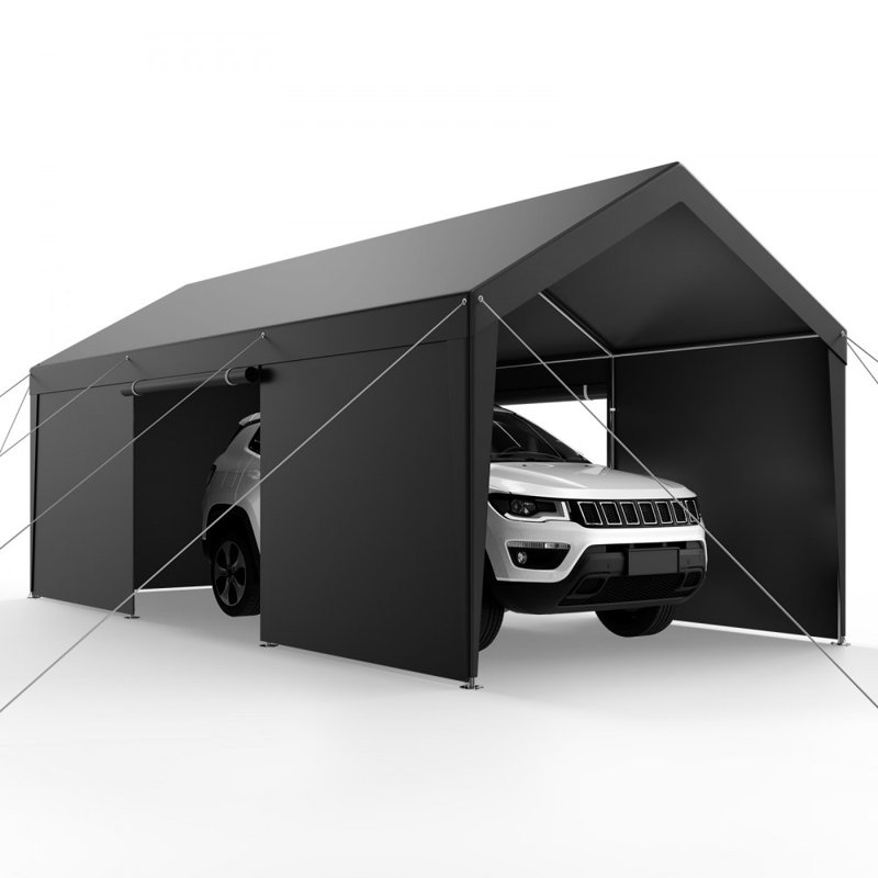 Abri d'auto extérieur robuste avec parois latérales Carport, Gris, H 118,92 po x l 143,64 po x P 239,76 po