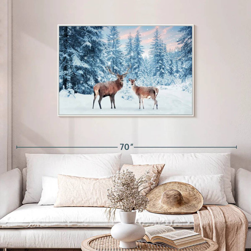 Cerf Winter Wonderland, 43 po x 29 po, Cadre flottant blanc