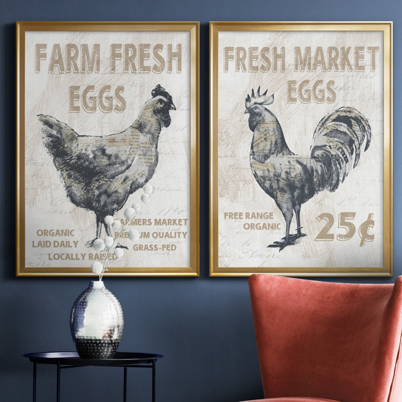 Farm Fresh Chicken - ensemble de 2 reproductions, Pas de tapis, Toile encadrée dorée, H 26,5 po x l 73 po x P 1,5 po