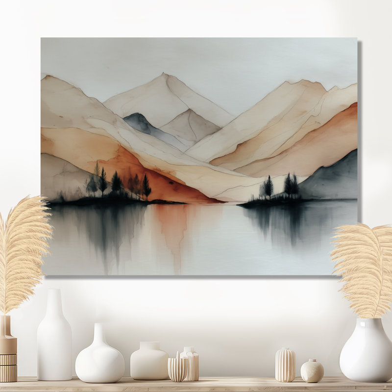 «Watercolor River Drift Mountains - Mountains Large Wall Art, Orange Landscape», reproduction d'art sur toile encadrée