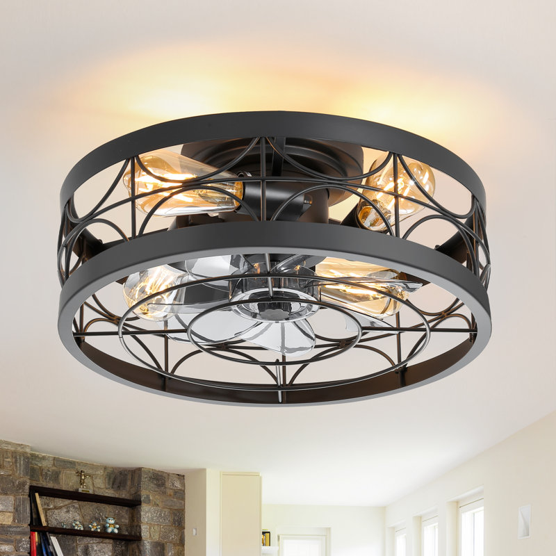  Cretien 17" 7-Blade Indoor Enclosed Caged Flush Mount Ceiling Fan with the Remote Control, Gray, Matte Black