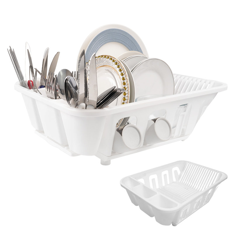 Ensemble égouttoir à vaisselle en plastique blanc avec porte-ustensiles et range-couverts, bac d'égouttage coulissant pour évier et plan de travail.