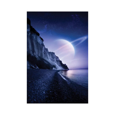 A Saturn-Like Planet Hovers Over A Tranquil Sea And Mons Klint Cliffs, Denmark by Evgeny Kuklev - Wrapped Canvas Photograph