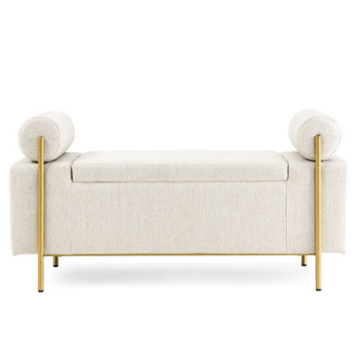 Elegant Upholstered Bench With Cylindrical Arms And Iron Leg Structure For Living Room Bedroom Hallway Beige Legs
