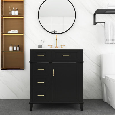 30 po Meuble-lavabo autoportant en bois noir avec tiroirs