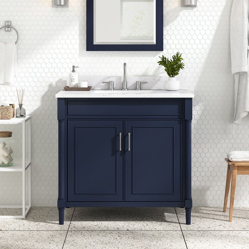 Meuble-lavabo sur pied simple 37 po avec plateau en pierre reconstituée Guider, Bleu marine