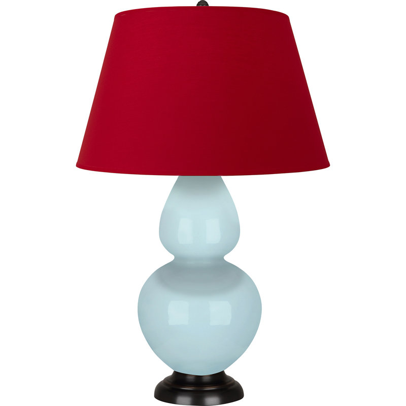 Lampe de table double gourde en céramique, Bleu bébé verni / bronze, Blanc cassé, Bronze