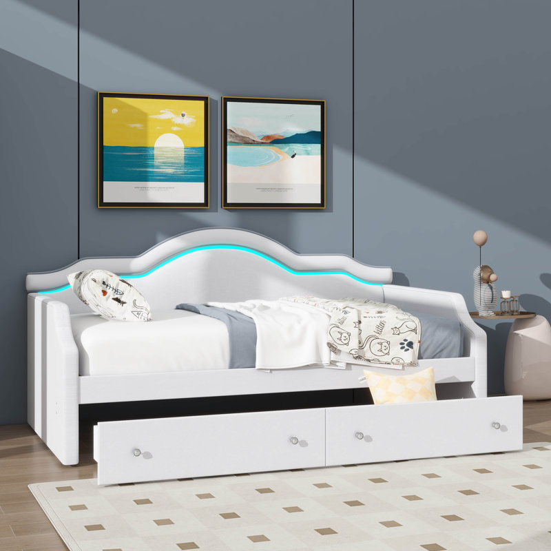Twin Size Fabric-Upholstered Daybed With LED Lights And Dual Drawers, Beige, Twin