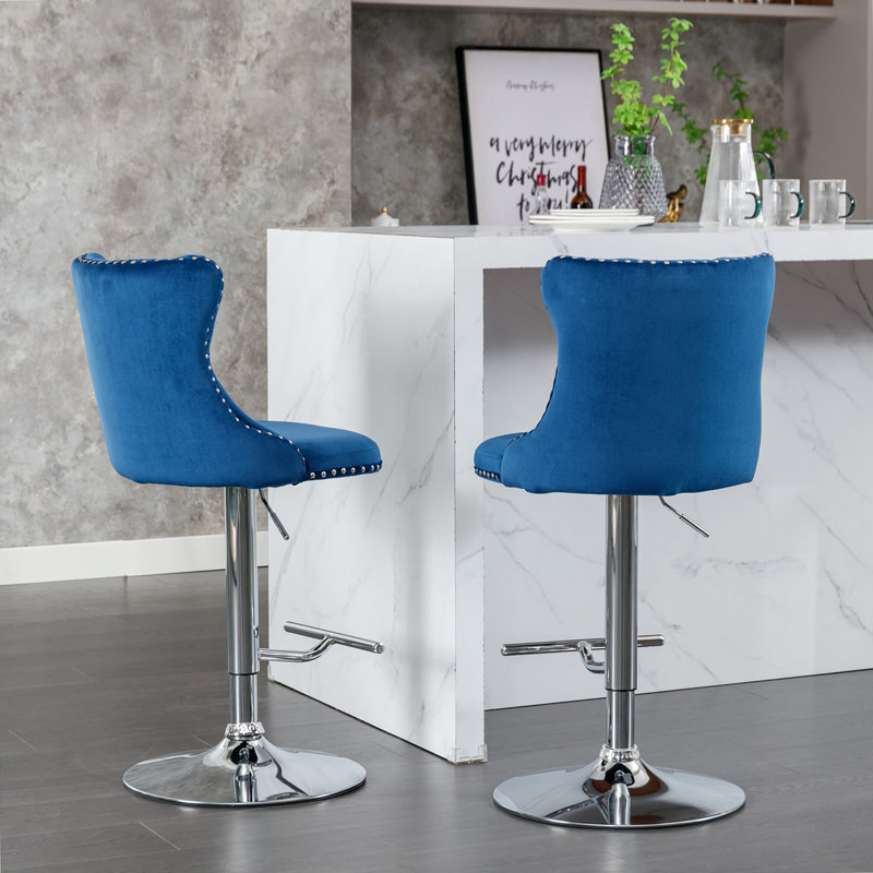 Tabourets de bar pivotants en velours, 2, Argent argent, Bleu