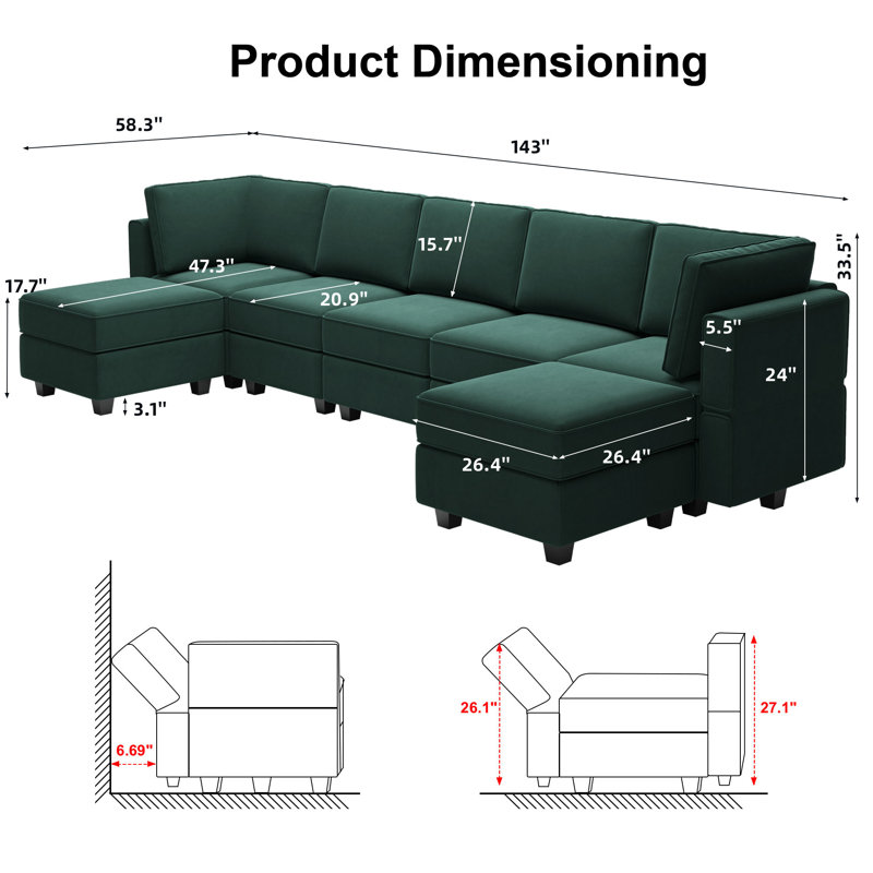 Ridoy 7-Pieces Large Velvet Upholstered Sectional Modular Variable Sofa & Chaise with Storage, Green Velvet