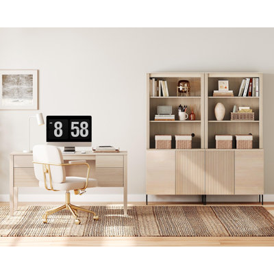 Home Office Set, 58" Modern Executive Desk With Charging Station And Drawers & 2 Piece 71.8"H Tall 10-Tier Fluted Bookcases With Storage Cabinet For Living Room, Bedroom, Home Office