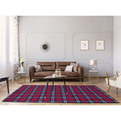 Tapis décoratif bleu marine fait à la main à motif écossais/blanc/rouge