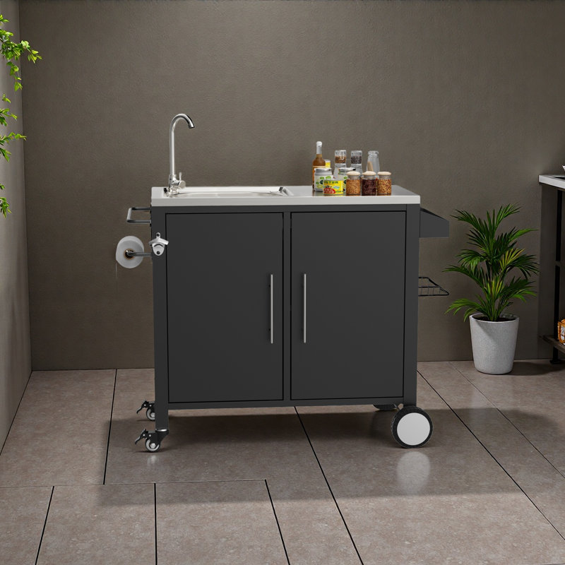 Outdoor Grill Table With Sink, Grill Cart With 304 Stainless Steel Sink And Cabinet, Outdoor Grill Cart,Outdoor Cart Sink Station With Wheels, L38" X W18" X H35"