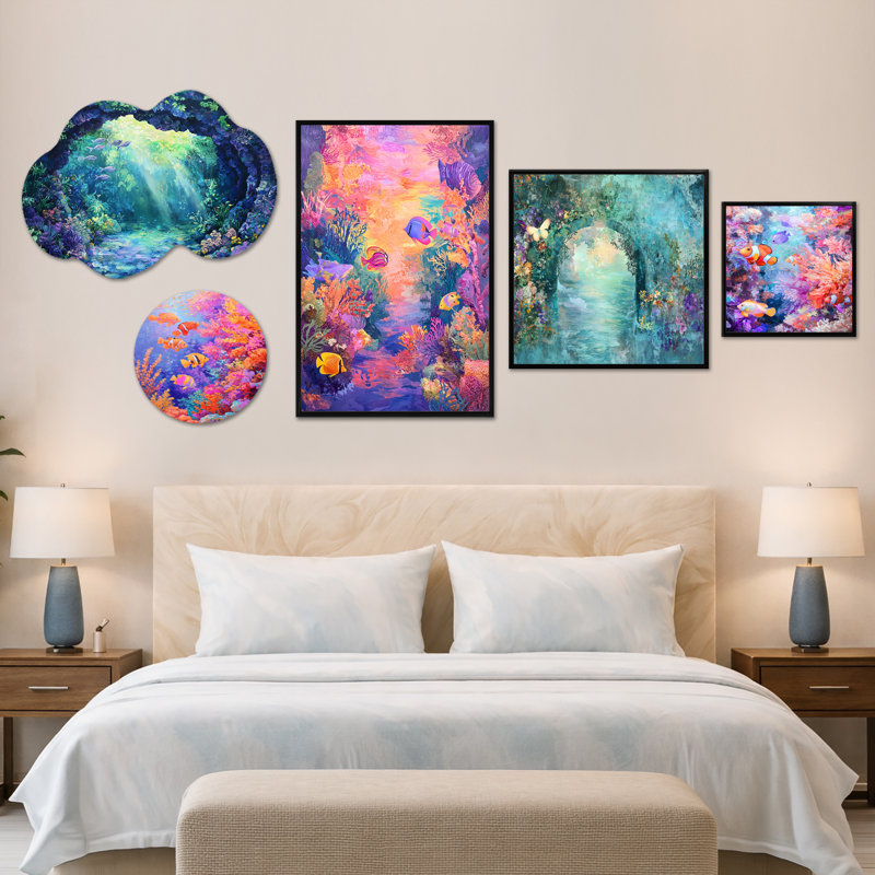Coral Reef Fish Paradise - art mural surdimensionné côtier, métal et toile 5 pièces (100 po x 40 po), Metal + Black Frame