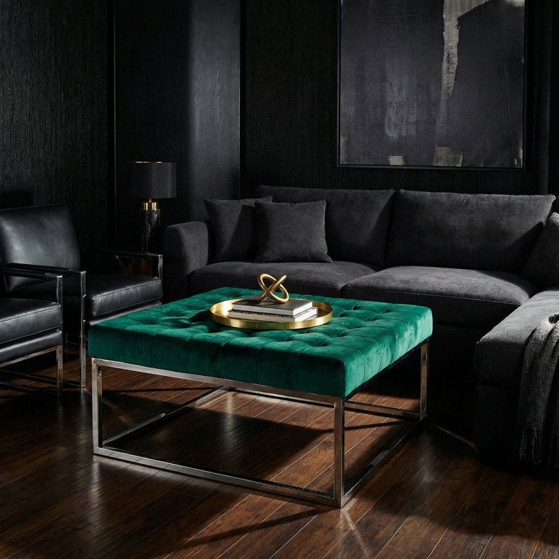 Kibwe Velvet Ottoman, Green, Polished Chrome