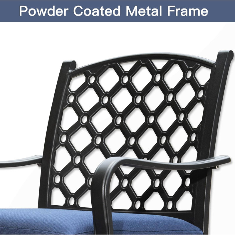 Ensemble de 7 chaises de patio en métal avec coussins bleu marine, fer stable pour les pelouses de jardin extérieures et table, cour