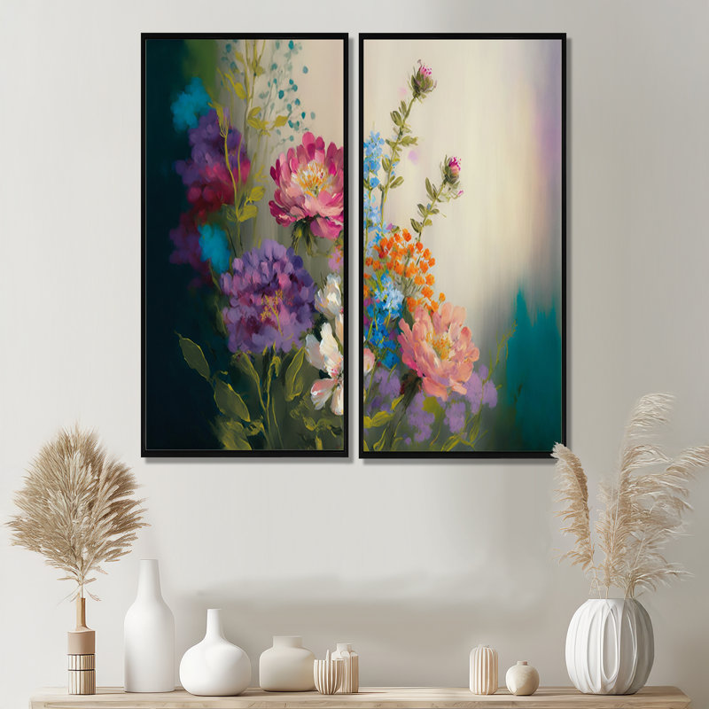 «Painted Blossoming Wildflowers III», art mural floral, 40" H x 40" W, Impression encadrée flottante, Noir
