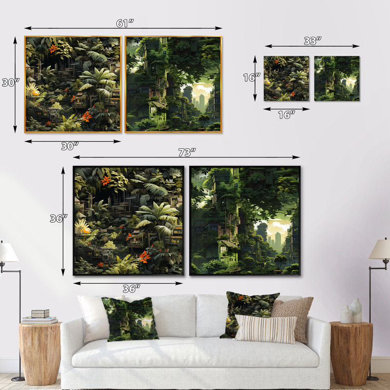 Brundage - Ensemble de 2 collages carrés tropicaux, Cadre flottant noir, H 16 po x l 33 po
