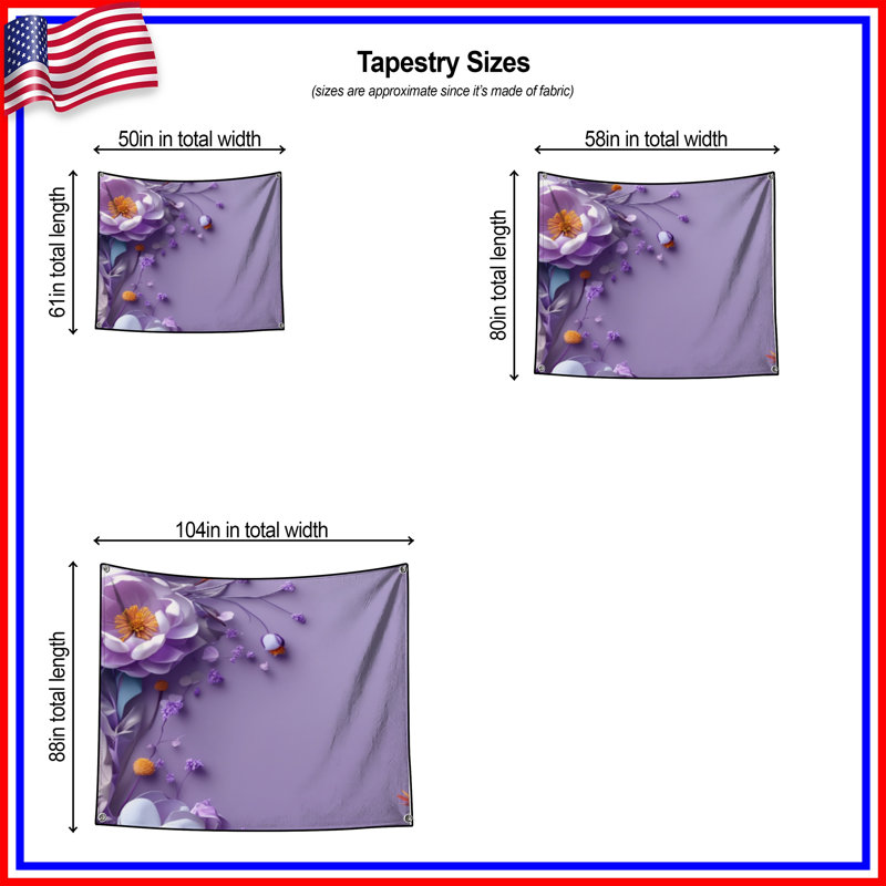 Tapisserie murale arrangement floral mauve - décoration murale fleurs, 104in H x88 with 4 Grommets